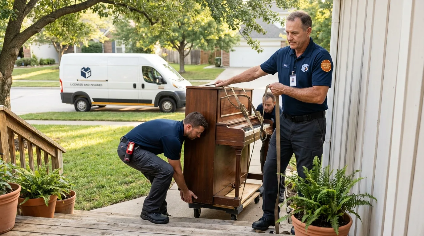 Licensed piano movers securing grand piano in Sallisaw, OK