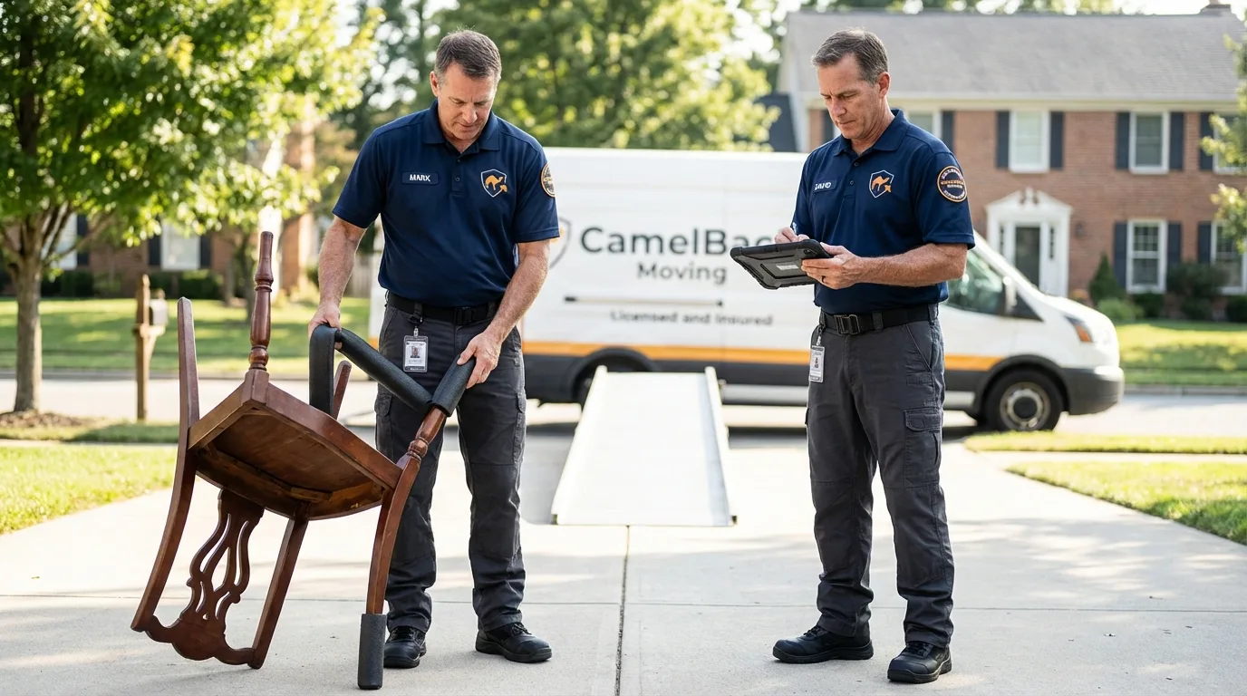 Movers inspecting furniture for damage prevention before loading in Sallisaw, OK